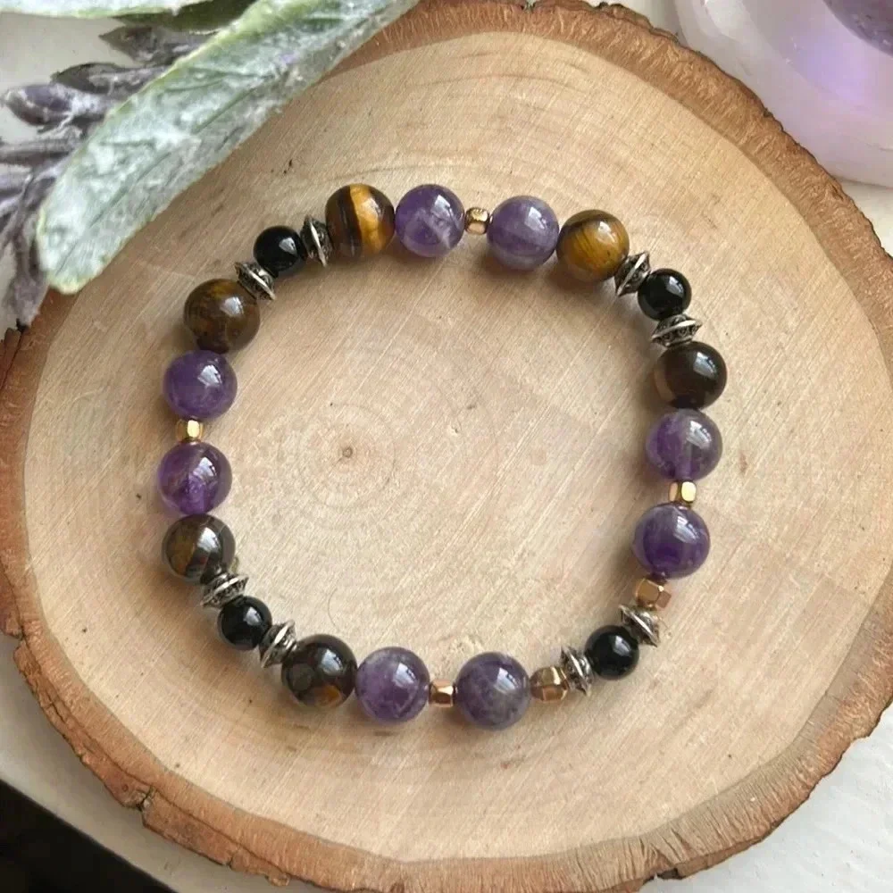 💜Handmade Amethyst + Tigers Eye + Black Obsidian Crystal Bracelet